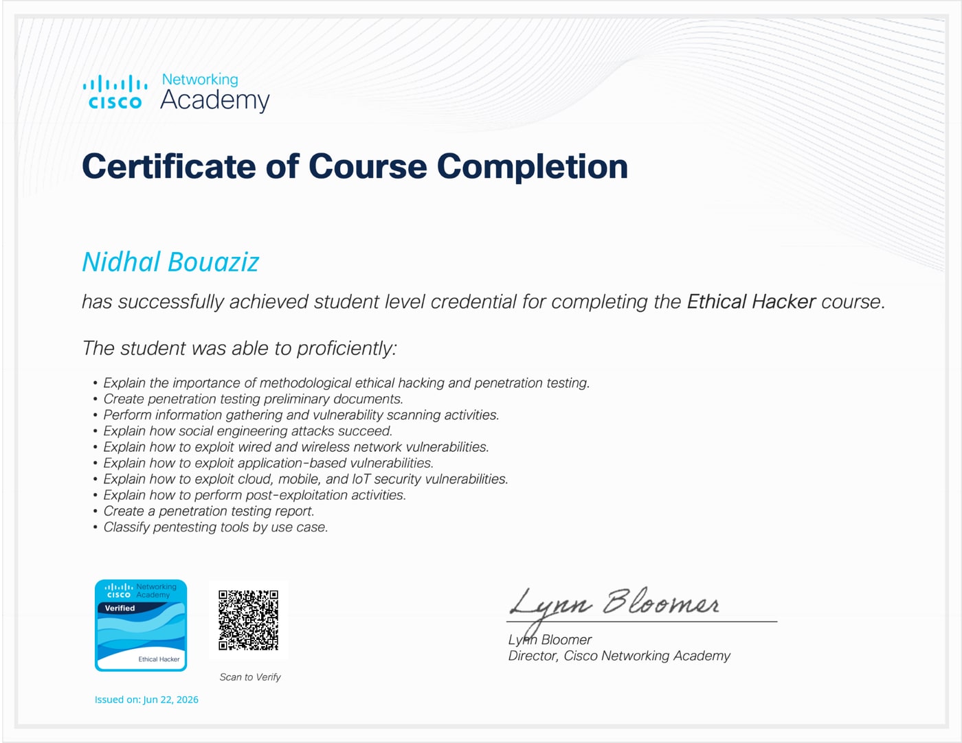 Certificat Cisco Ethical Hacker délivré à Nidhal Bouaziz, juin 2026